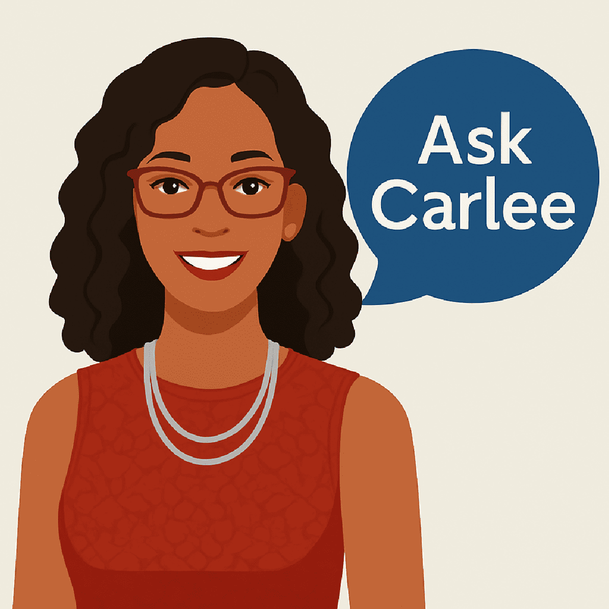 A cartoon of a woman with glasses and a red dress